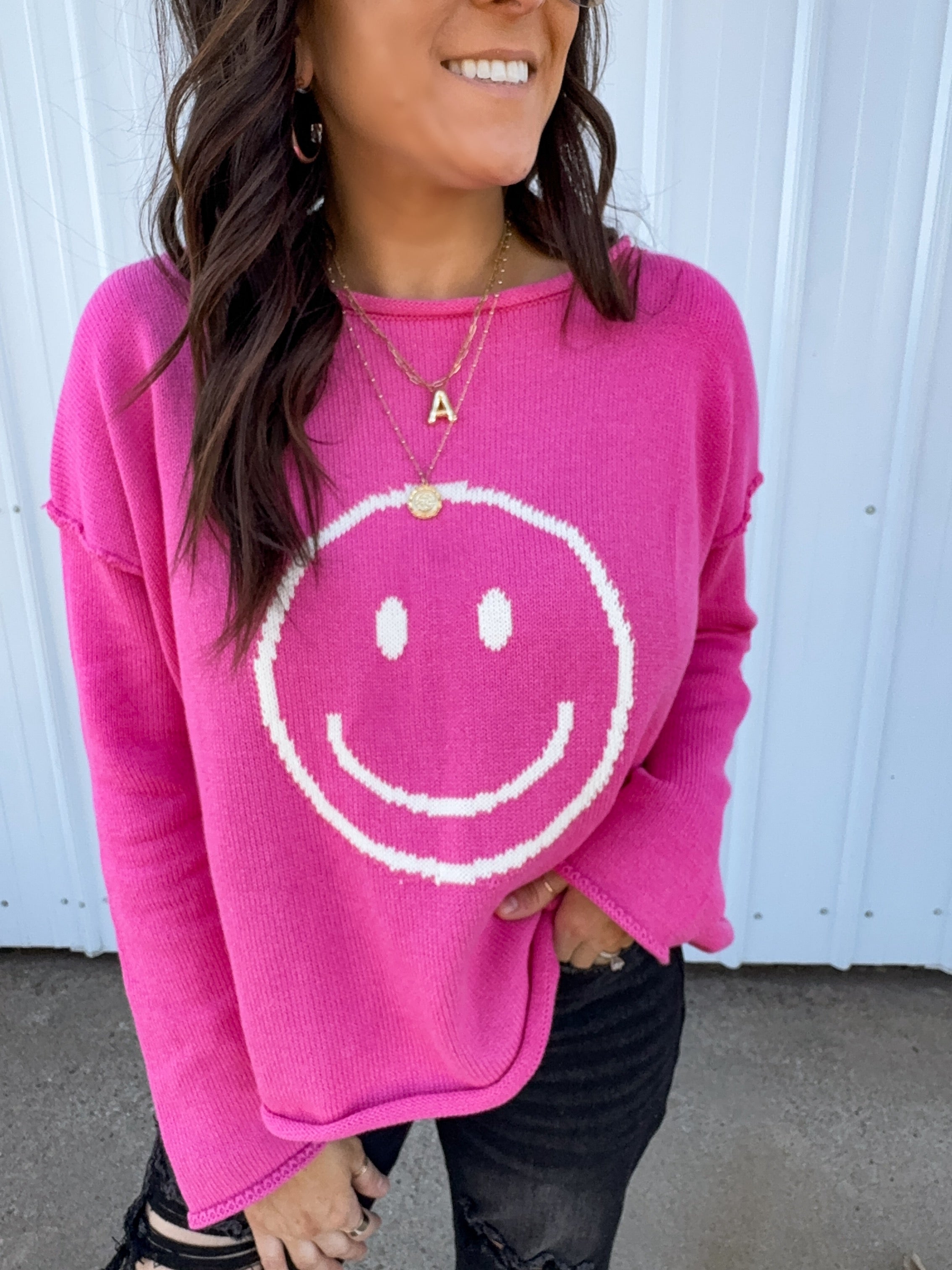 Where Were You Hot Pink Smiley Sweater