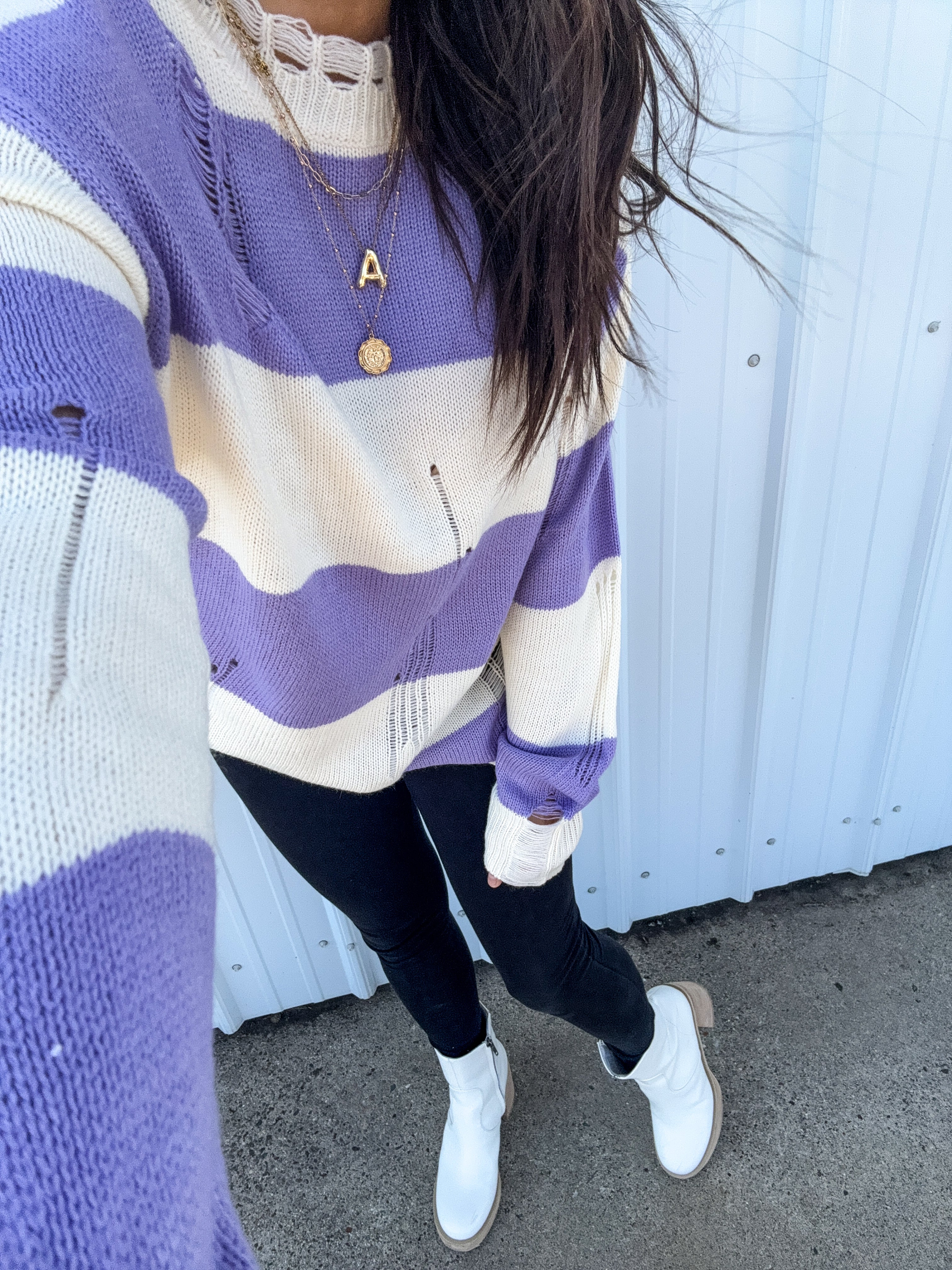 No Caller ID Purple Distressed Sweater