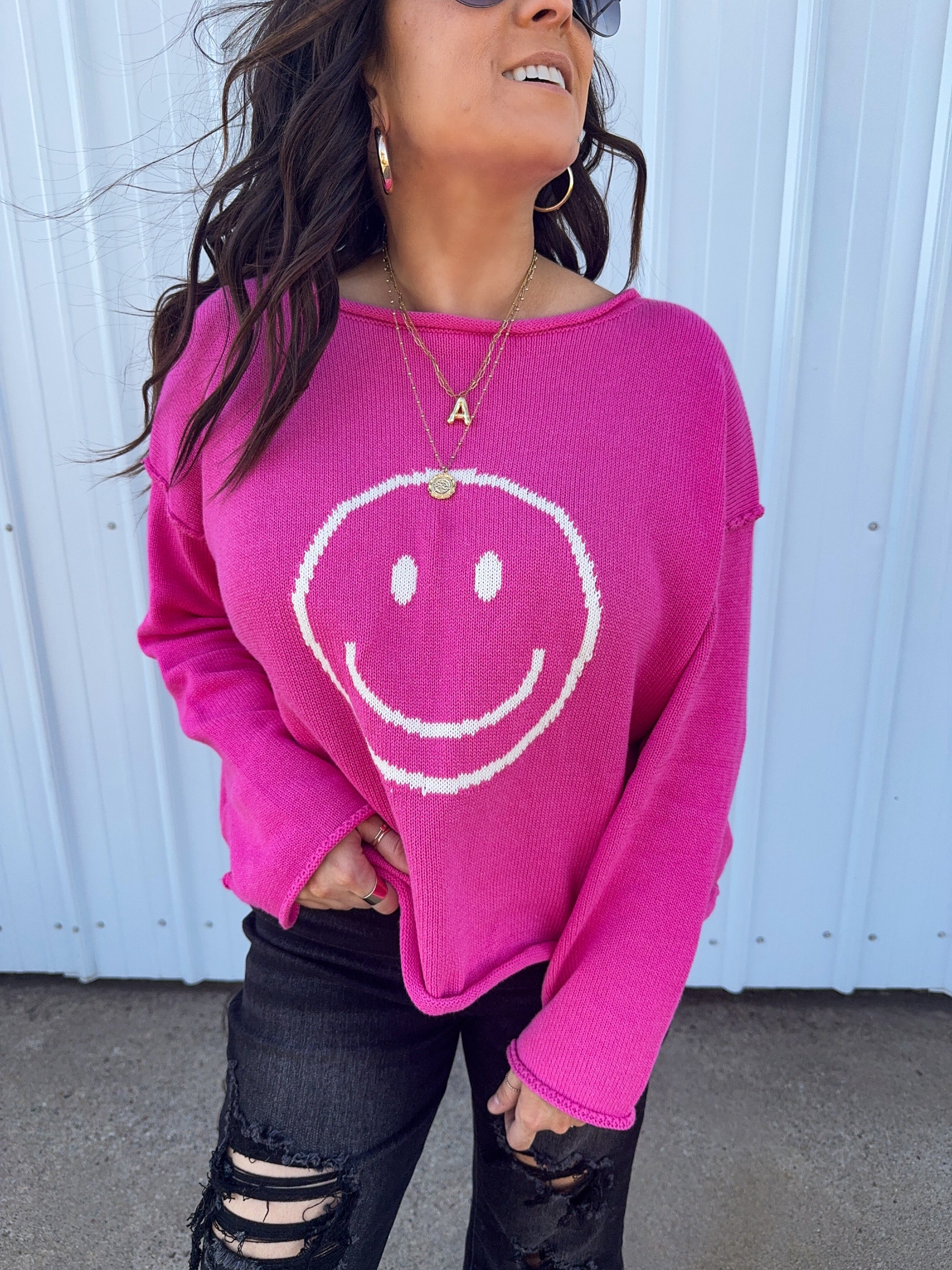 Where Were You Hot Pink Smiley Sweater