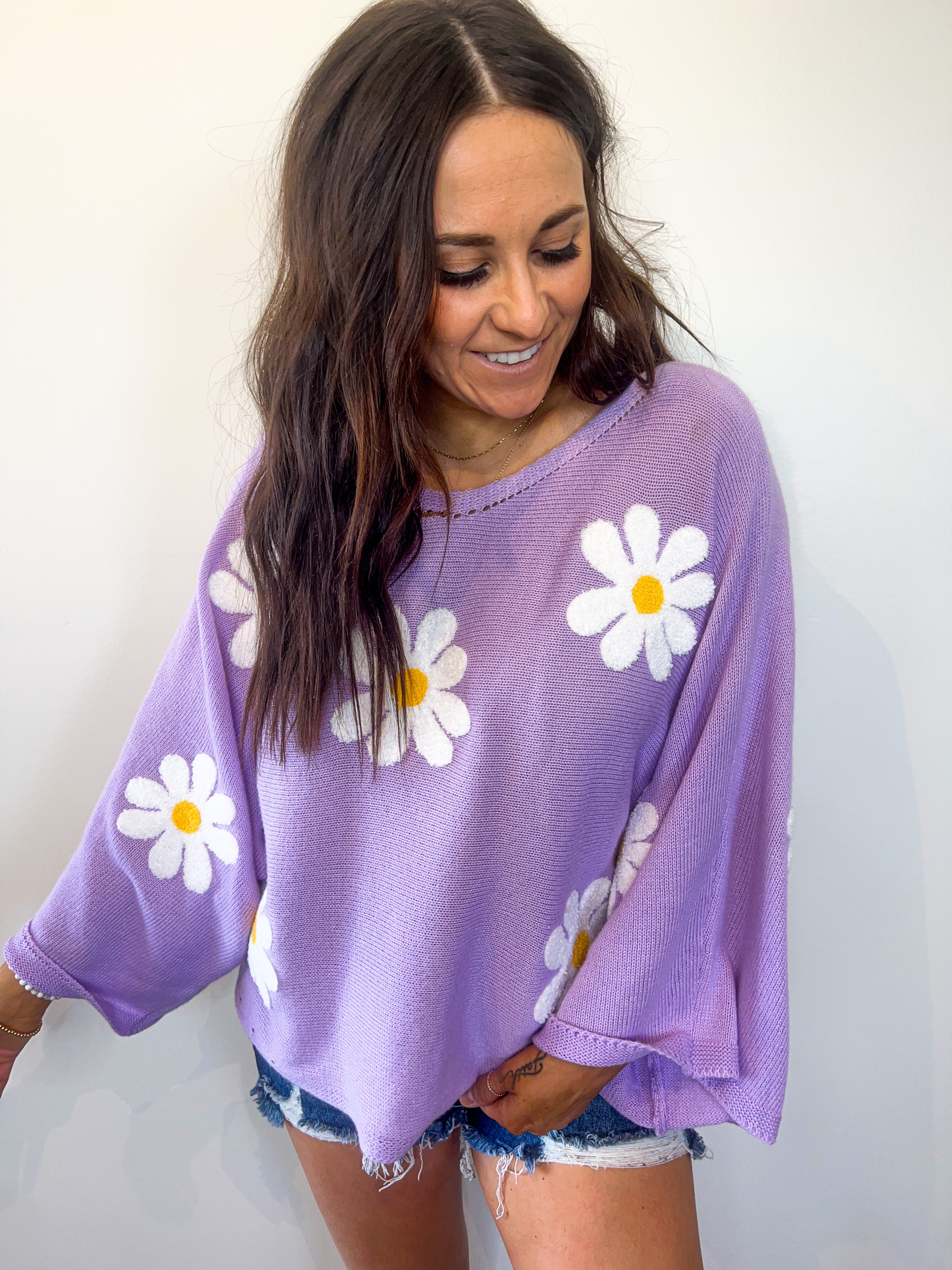 Brown Eyes Baby Lavender Daisy Embroidered Lightweight Sweater