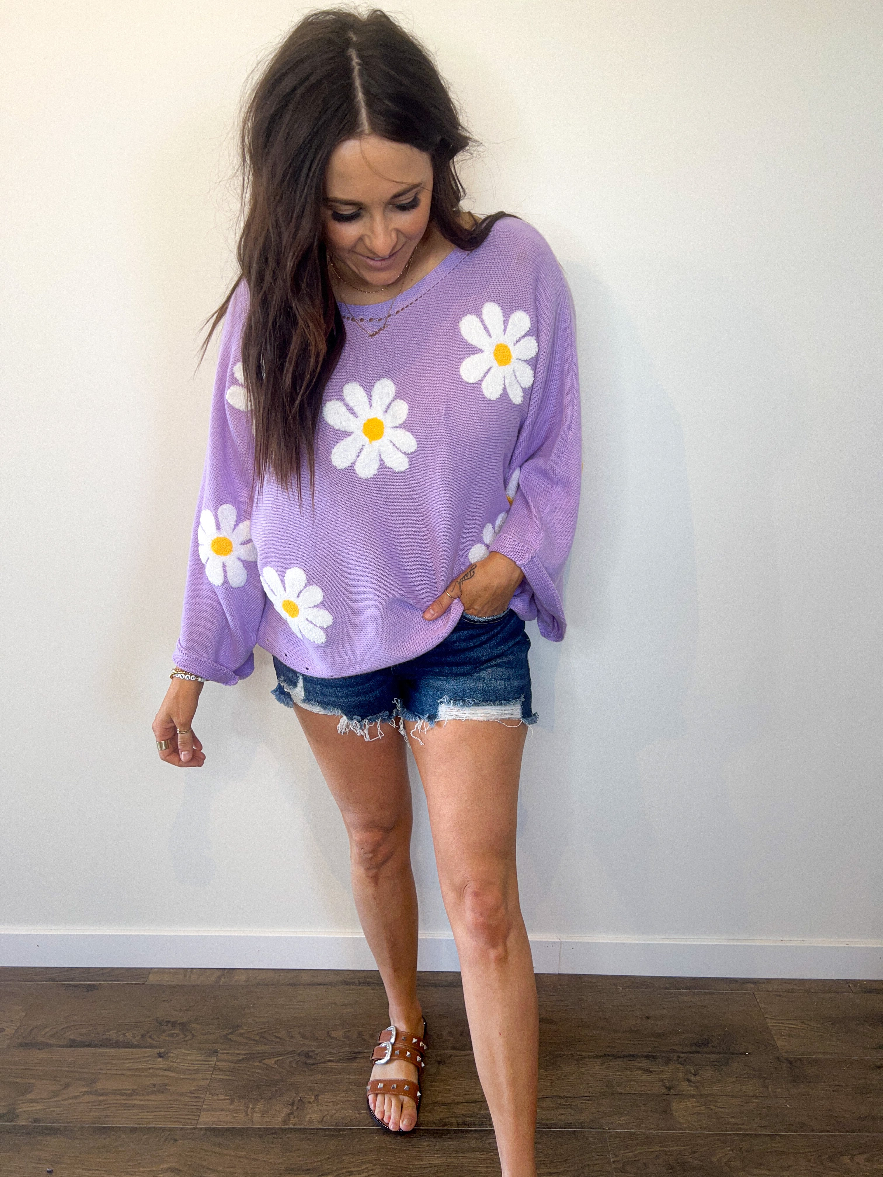 Brown Eyes Baby Lavender Daisy Embroidered Lightweight Sweater