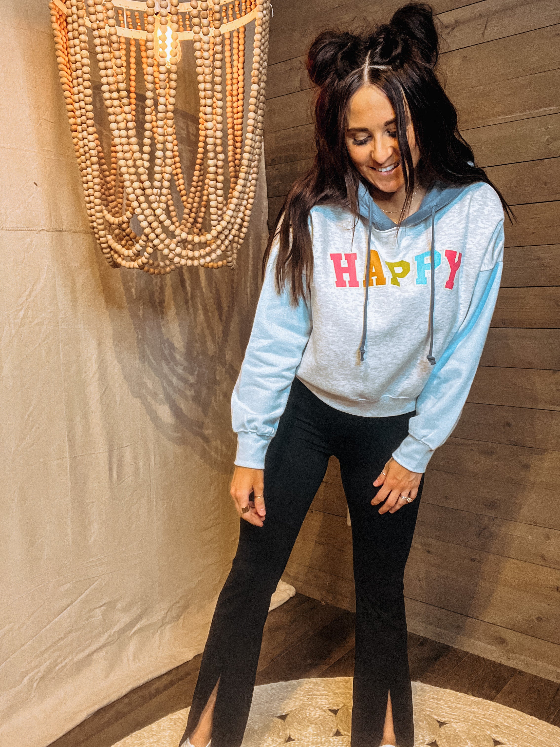 "Happy" Colorblocked Cropped Hoodie
