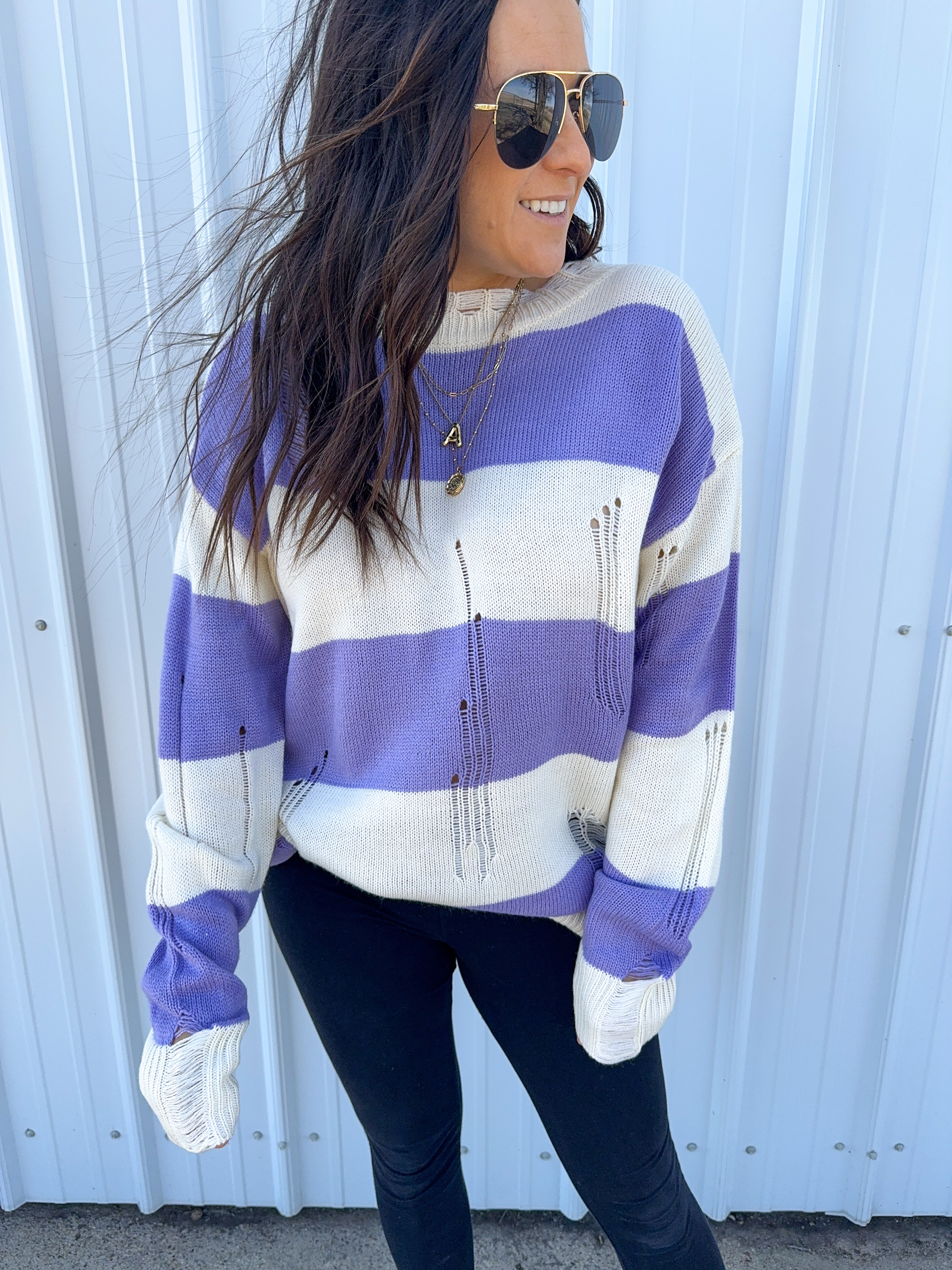 No Caller ID Purple Distressed Sweater