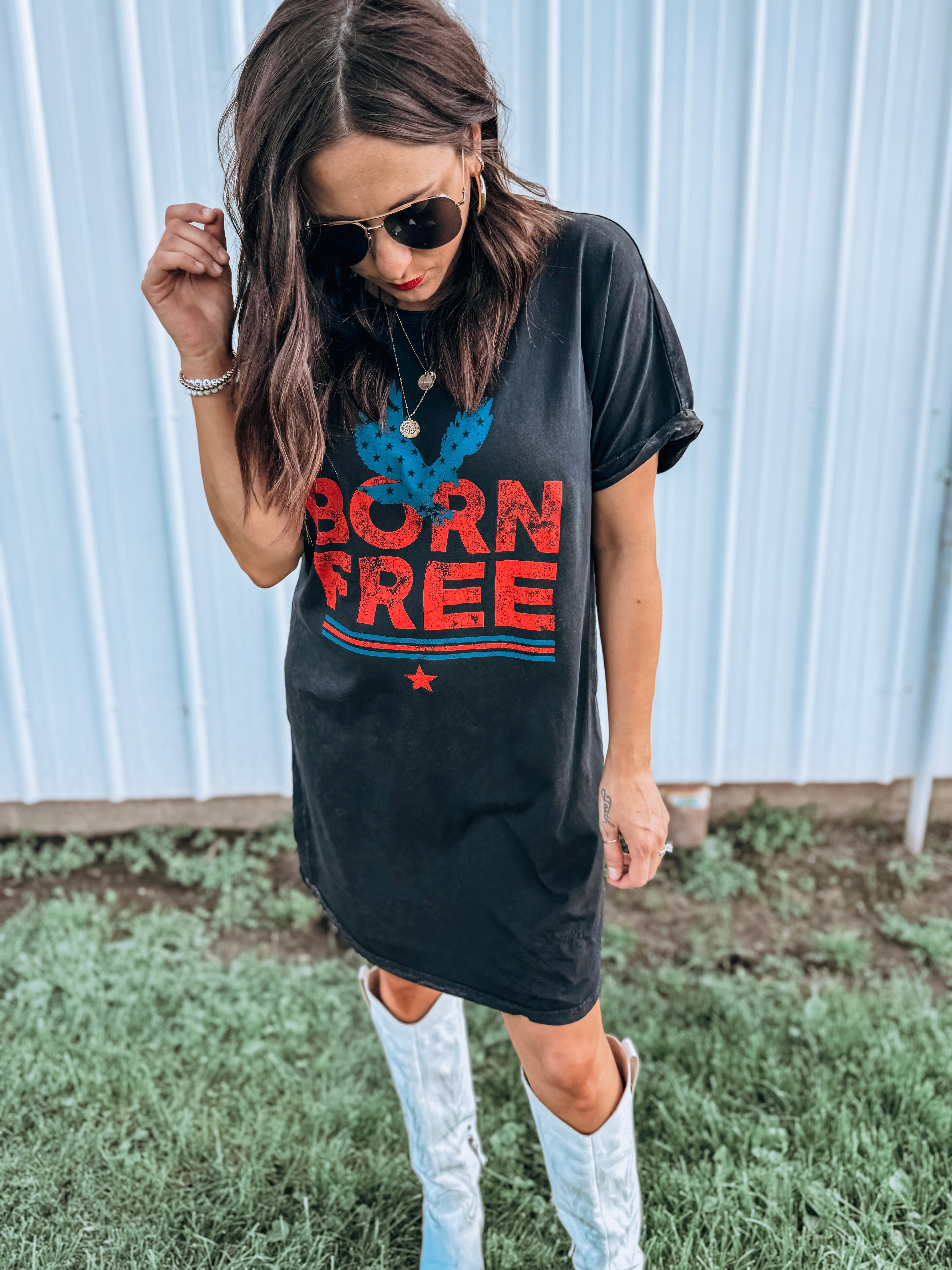 Born Free Black Mineral Washed Graphic Dress