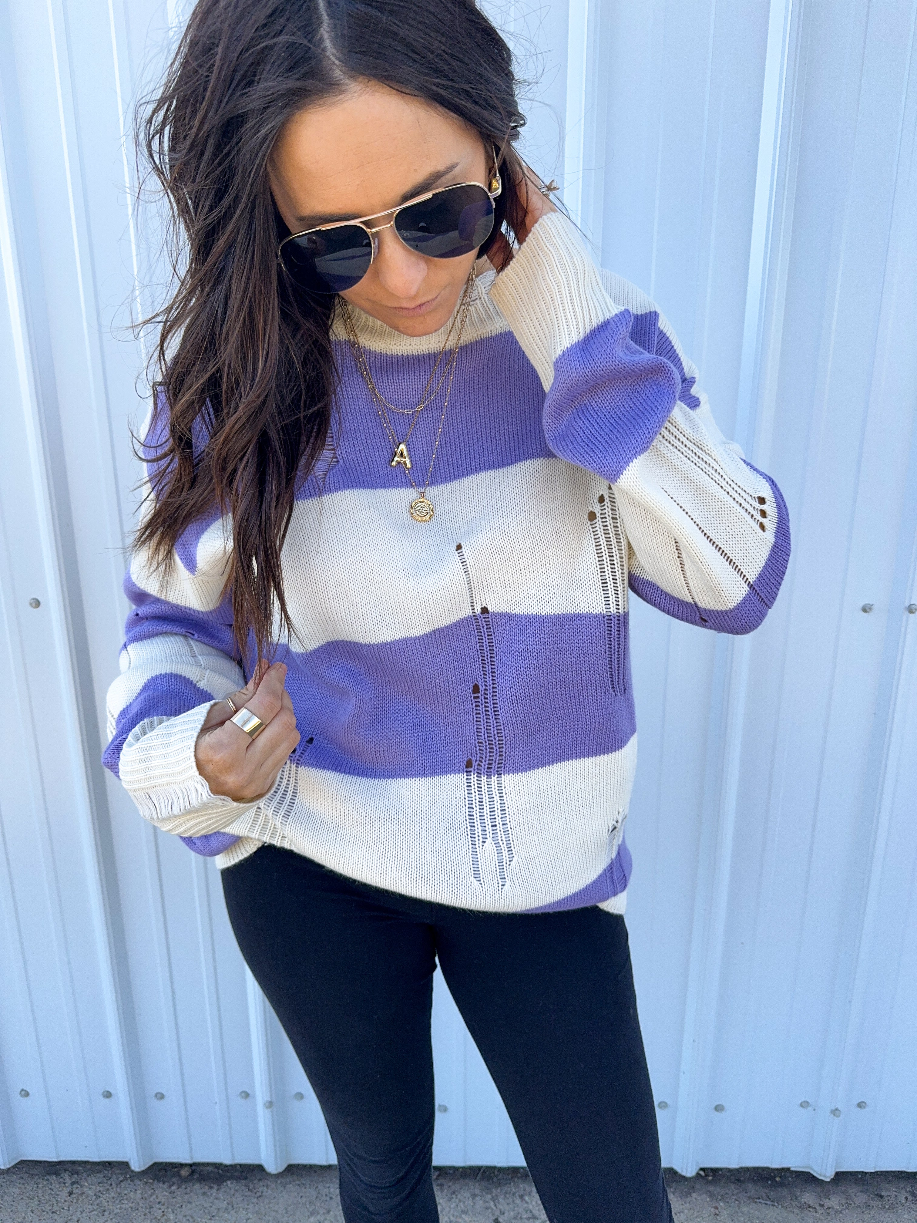 No Caller ID Purple Distressed Sweater