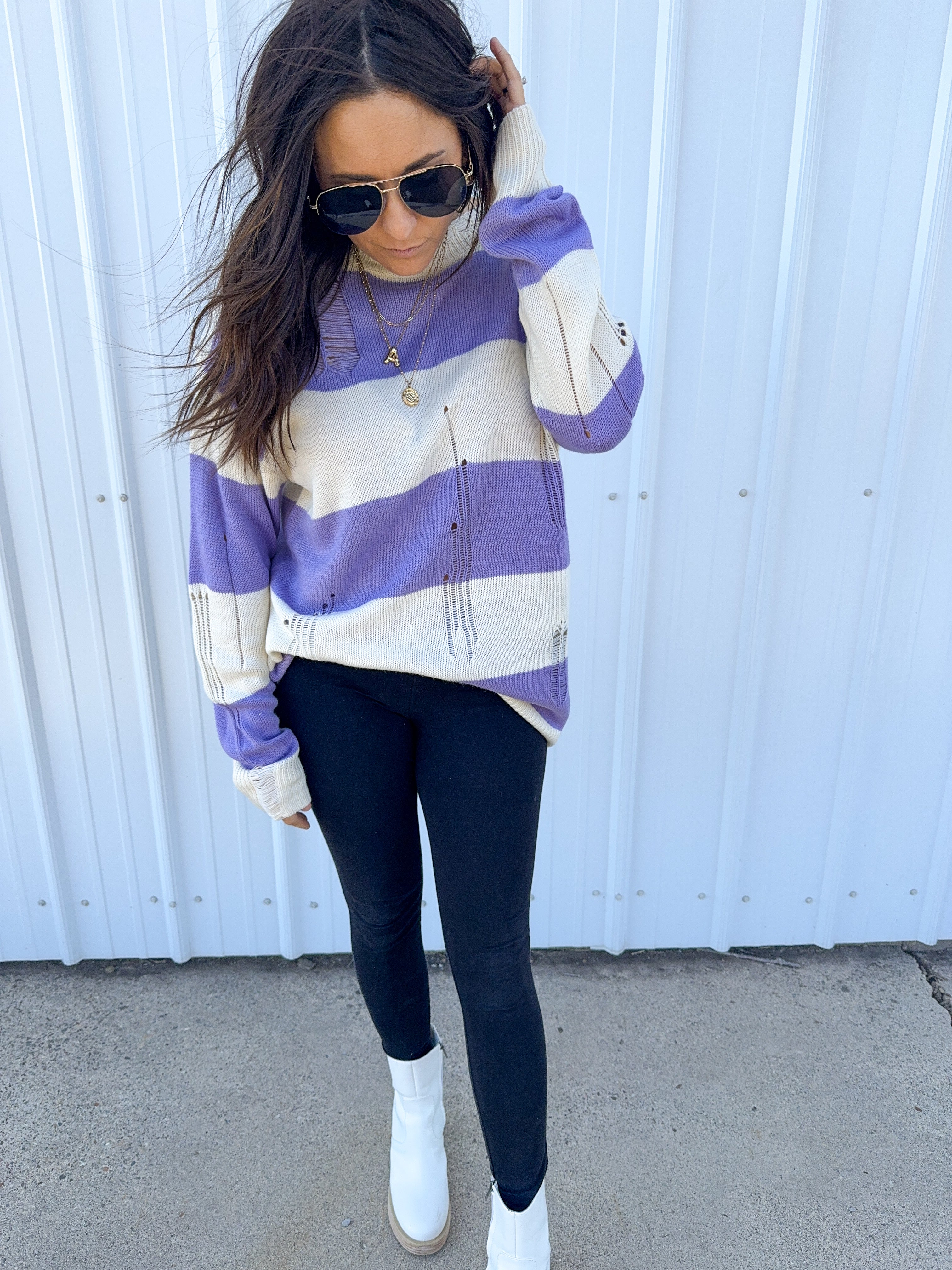 No Caller ID Purple Distressed Sweater