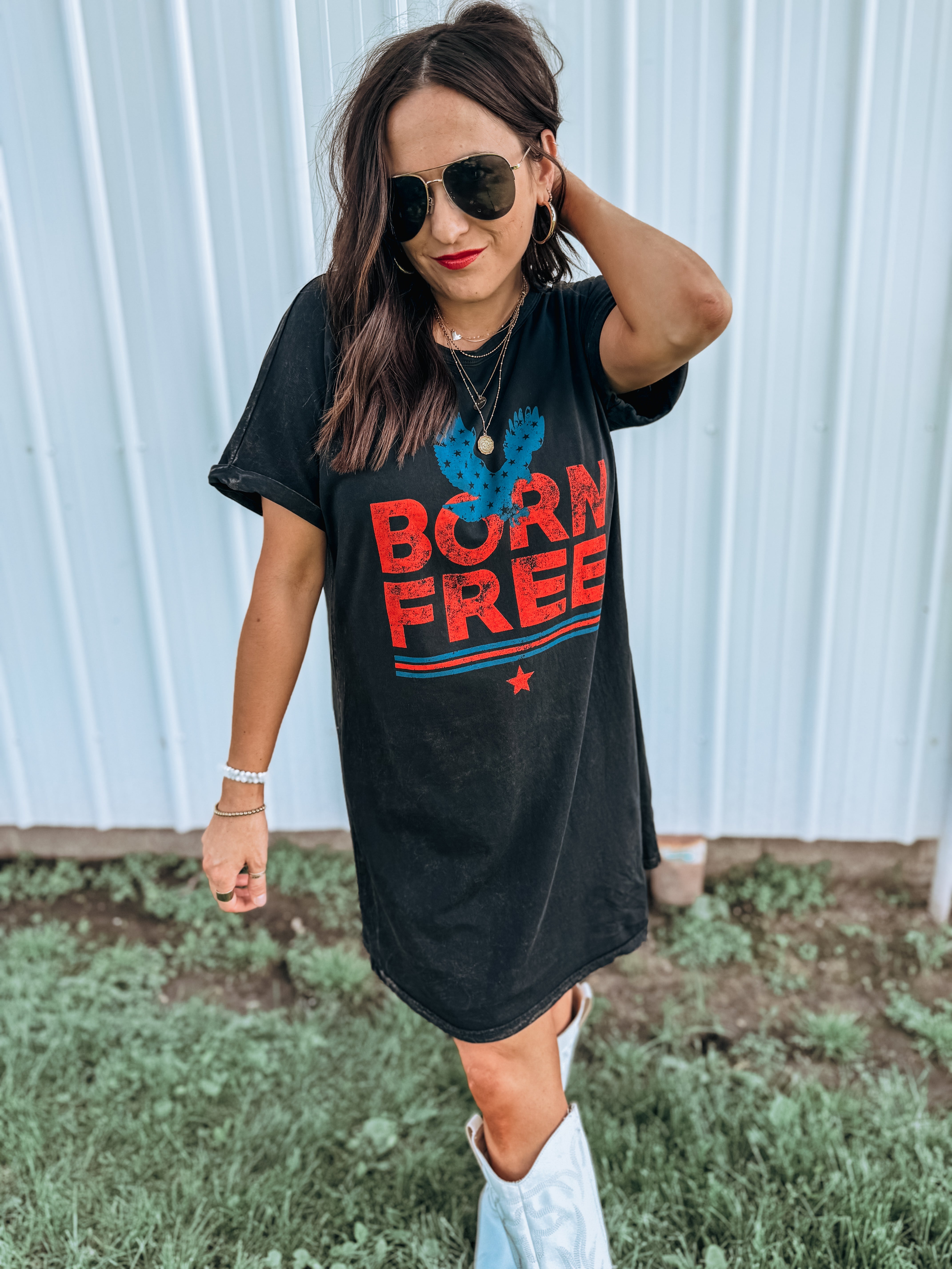 Born Free Black Mineral Washed Graphic Dress