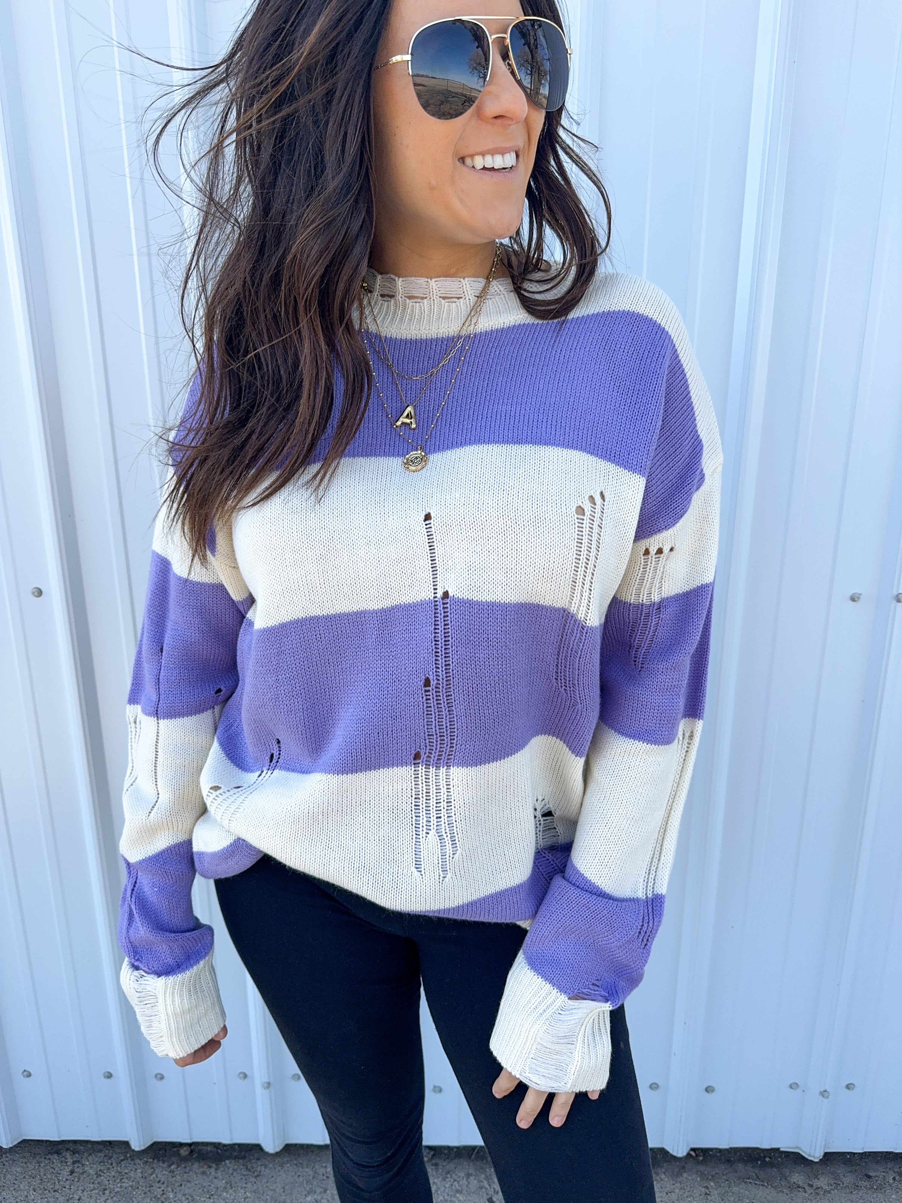 No Caller ID Purple Distressed Sweater