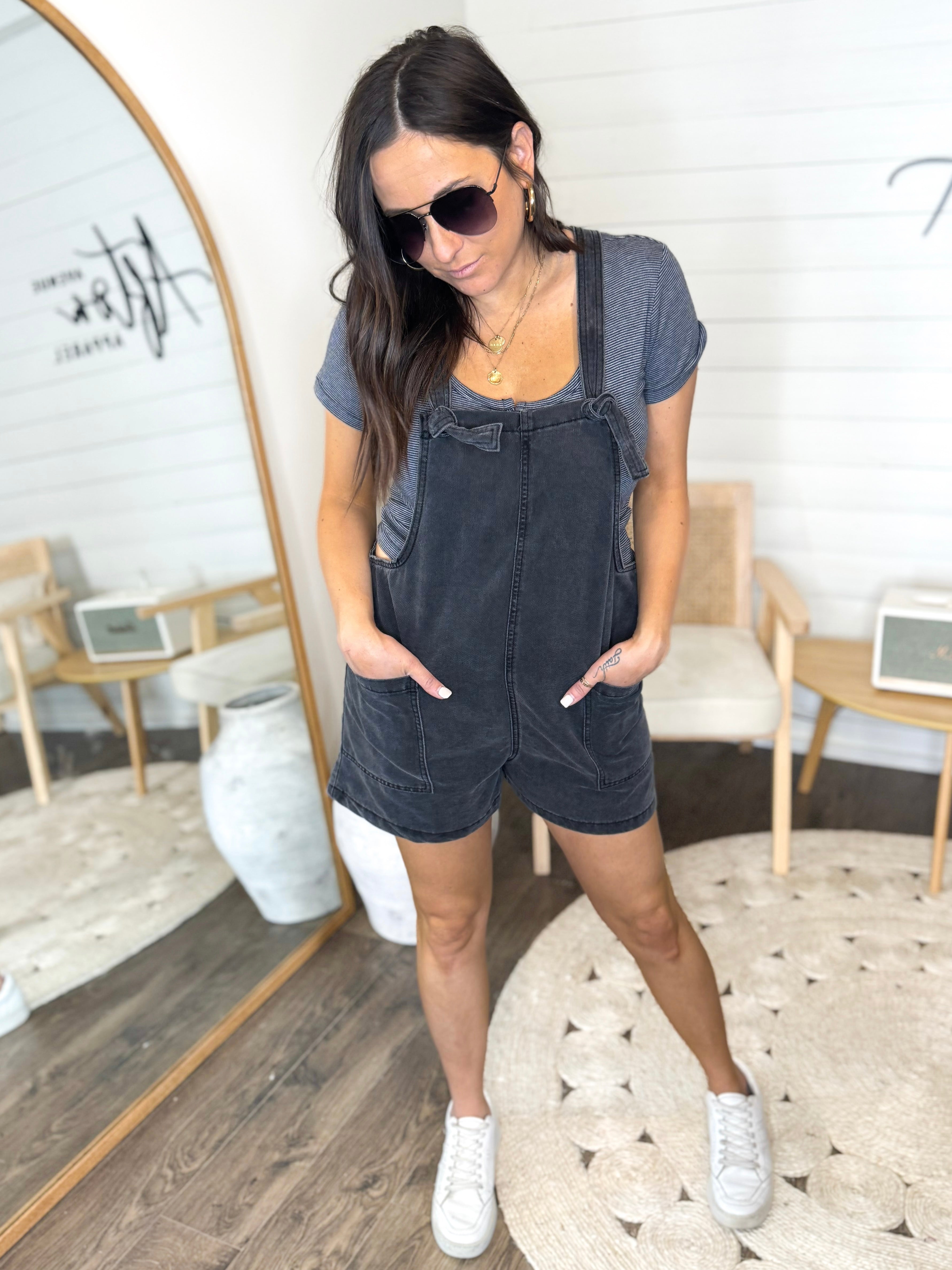 This Town's Been Too Good To Us Black Denim Knotted Romper