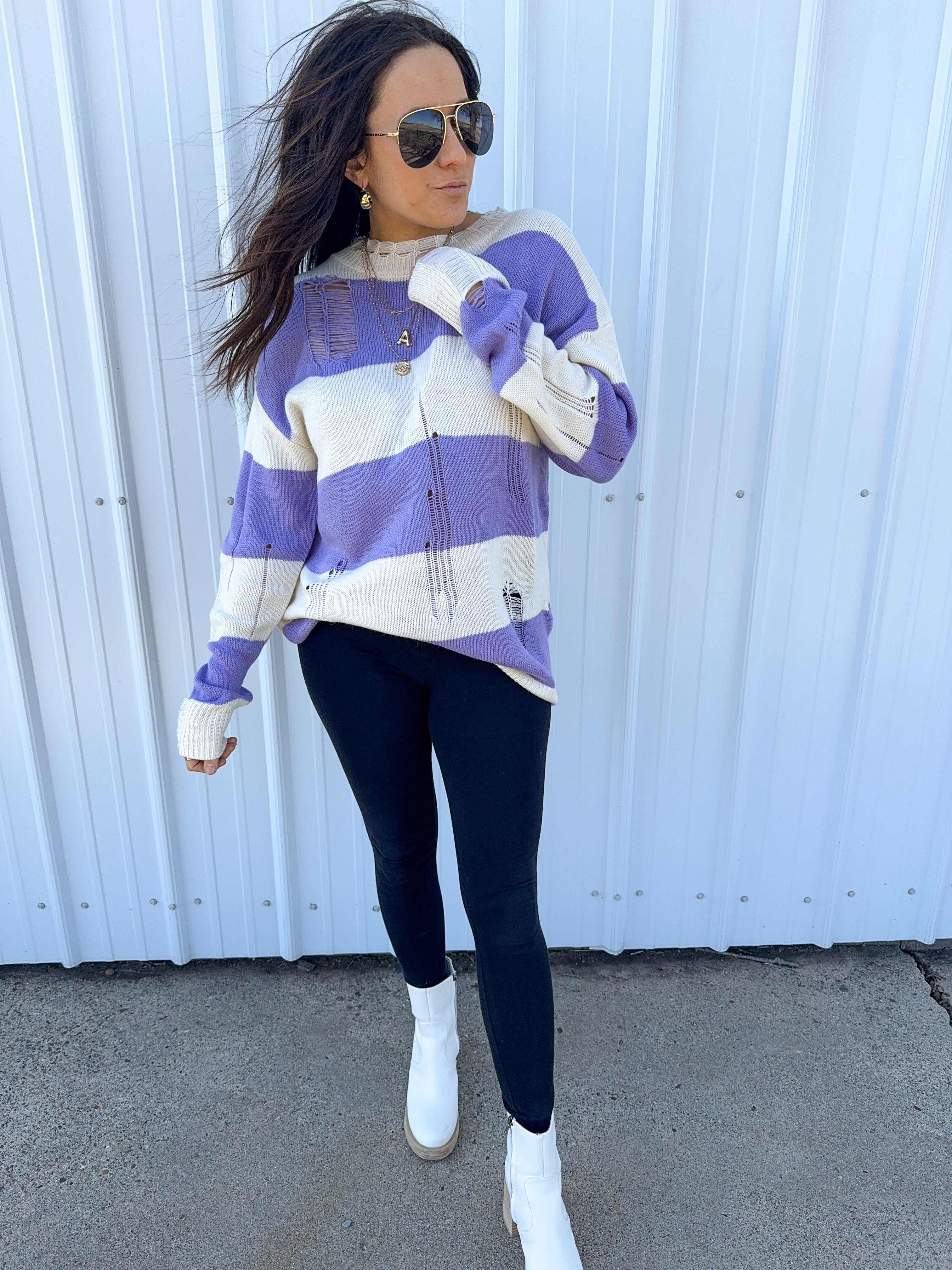 No Caller ID Purple Distressed Sweater