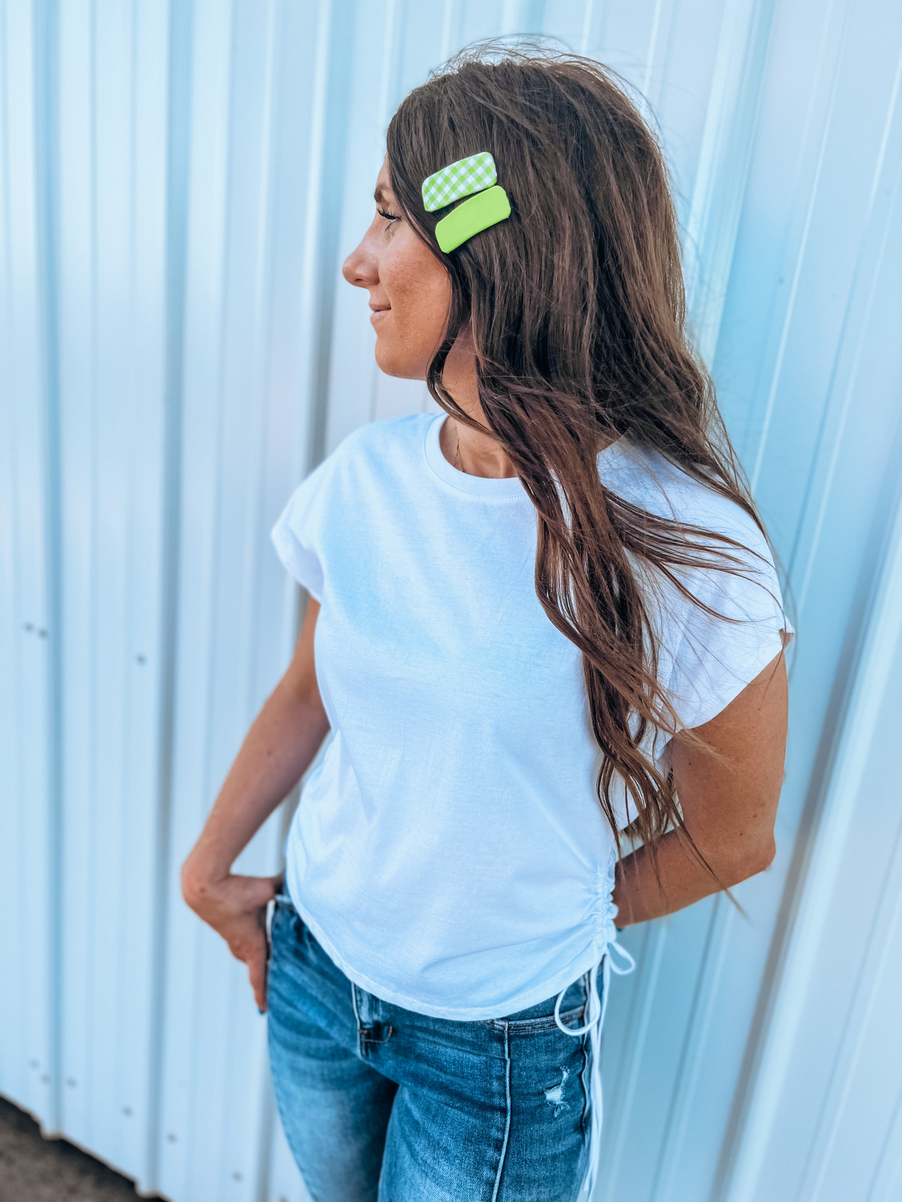 Green Gingham Barette Clip Set